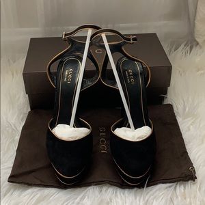 Gucci Black/Gold Suede Huston Ankle Strap Platform